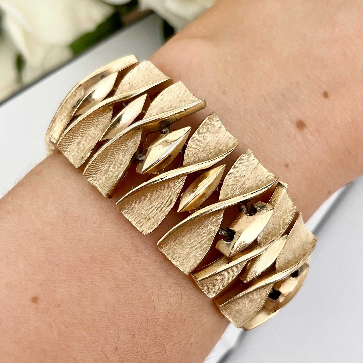 1960s Trifari Brutalist Brushed Gold Tone Bracelet