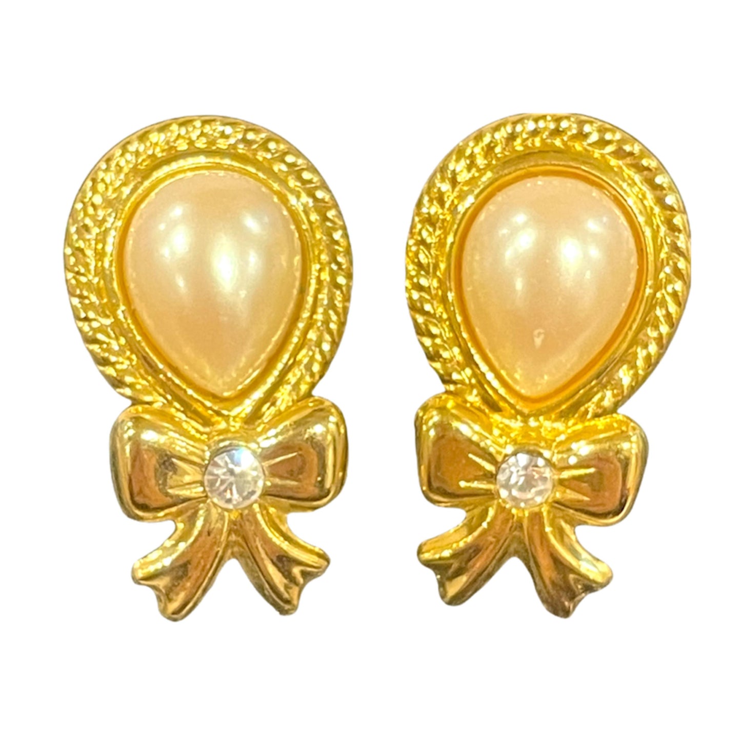 Cute 1980s Gold Plated and Faux Pearl Clip On Bow Earrings