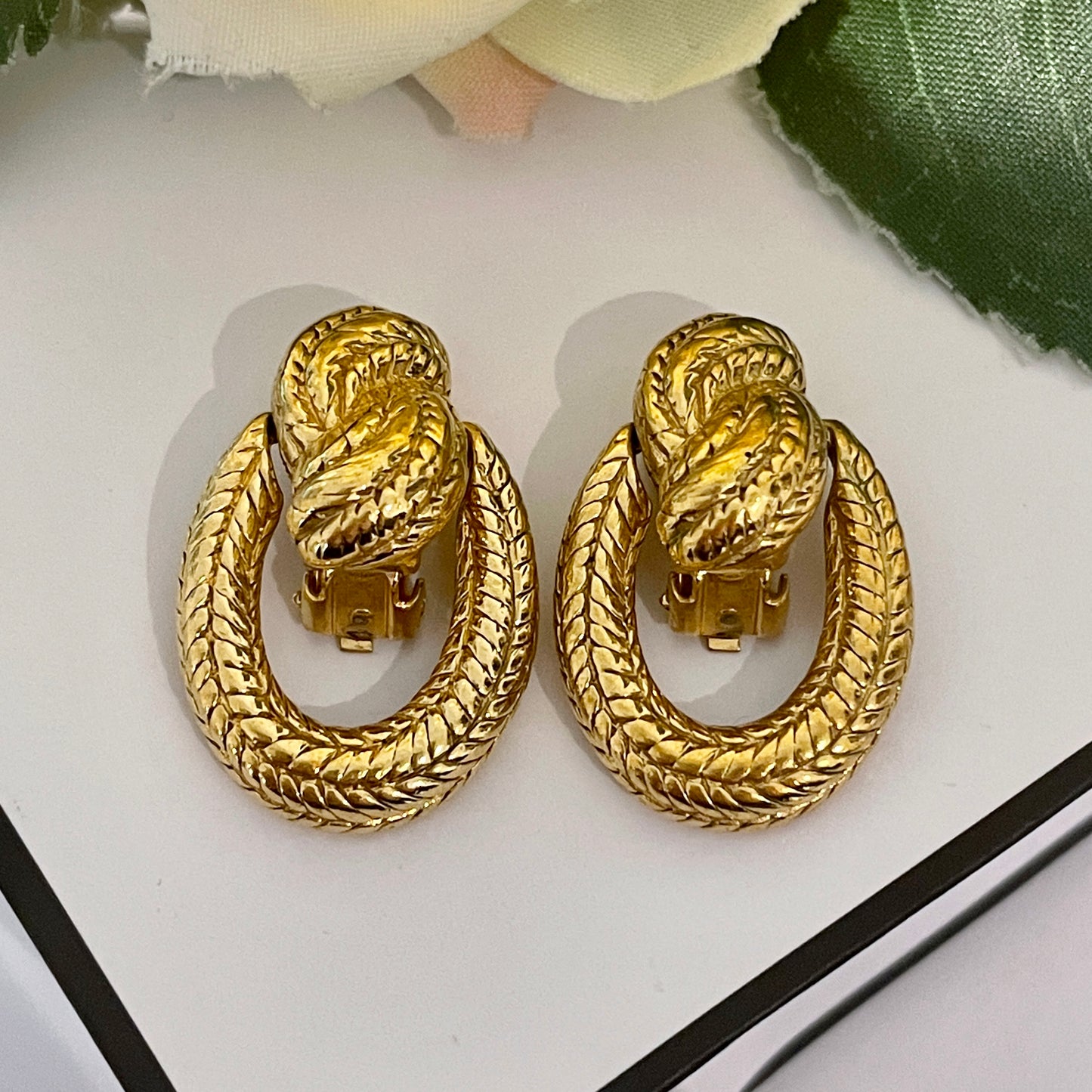 1980s Gold Plated Statement Door Knocker Clip On Earrings