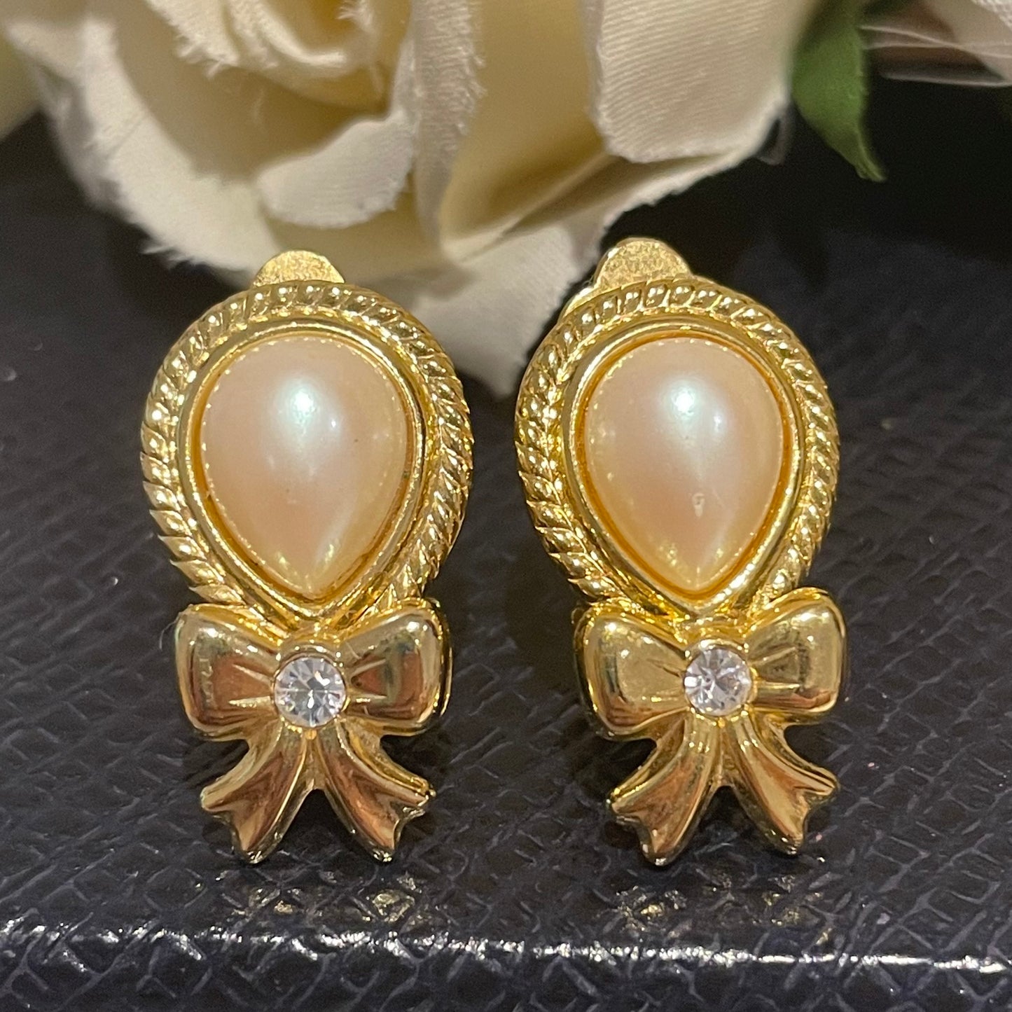 Cute 1980s Gold Plated and Faux Pearl Clip On Bow Earrings
