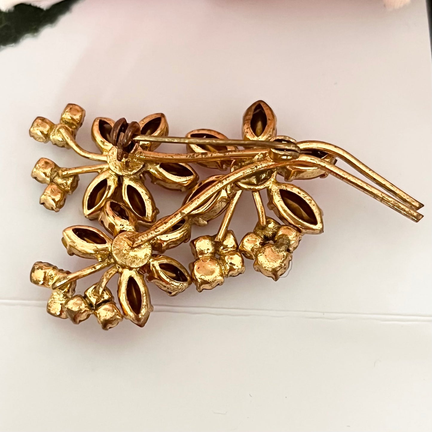 1940s Pretty Pink And Silver Gold Plated Diamanté Flower Brooch