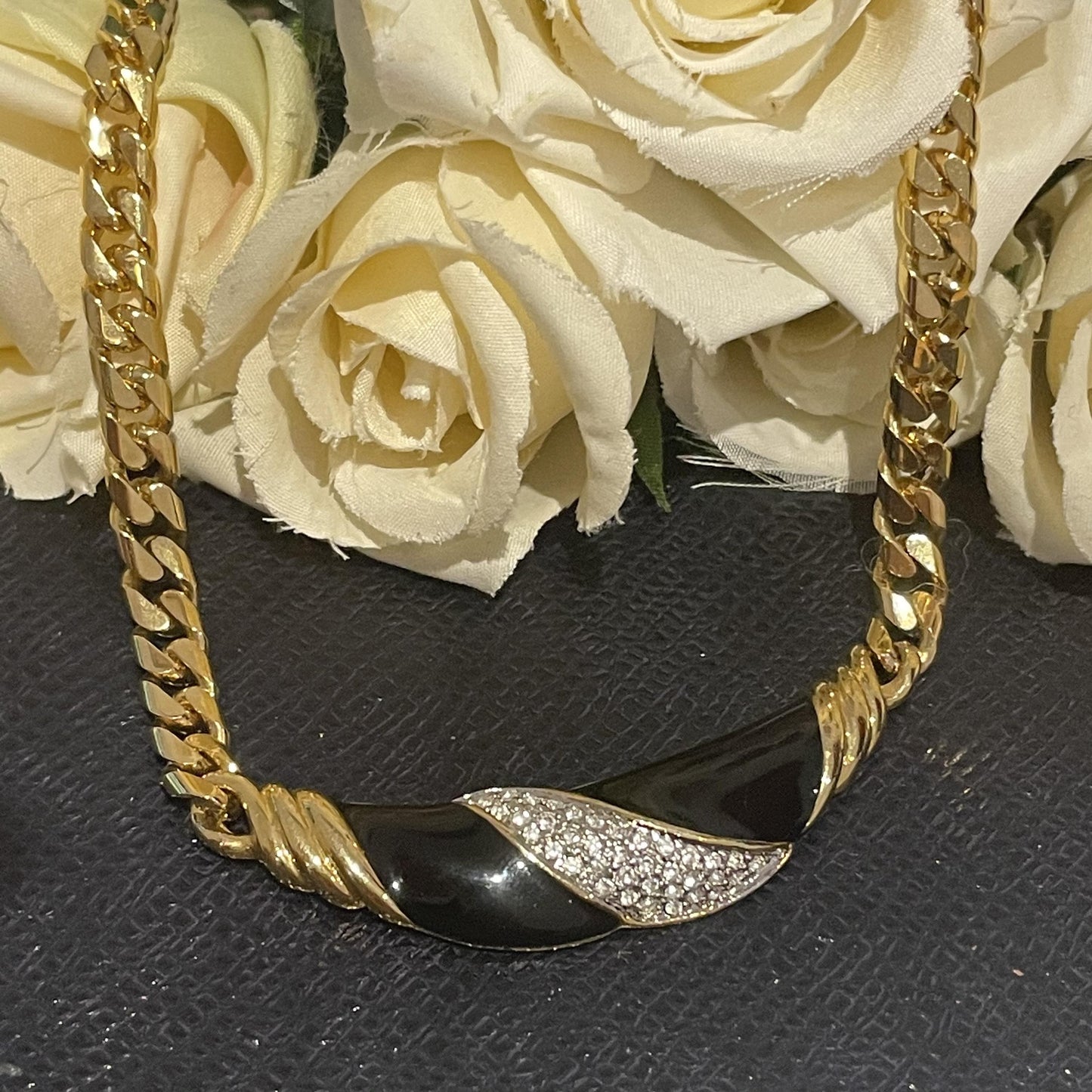 1980s Black Enamel Gold Plated Statement Chain Necklace