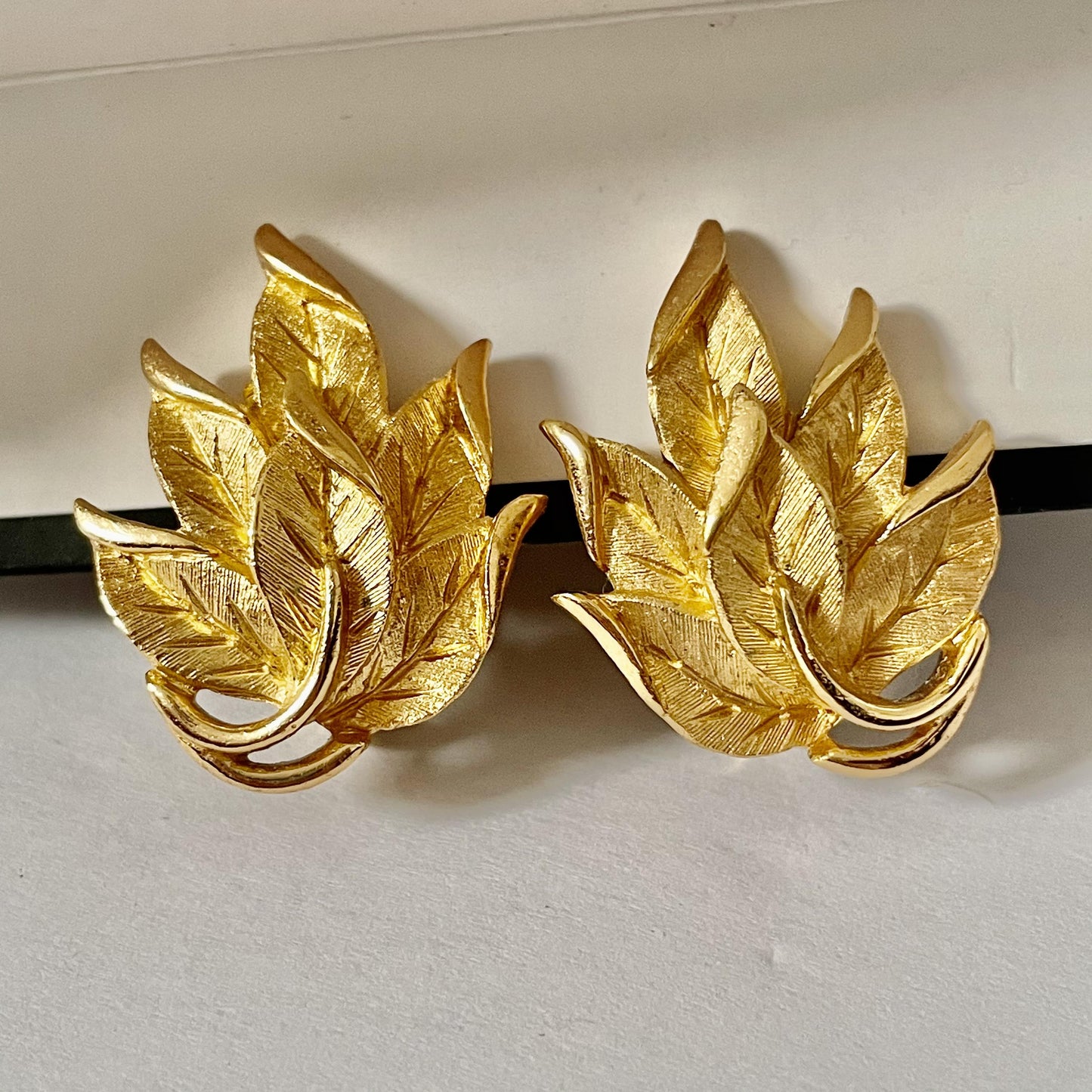 1960s Trifari Brushed Gold Leaf Clip On Earrings