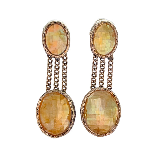 1960s Monet Golden Amber Enamel Gold Plated Dangly Chain Clip On Earrings