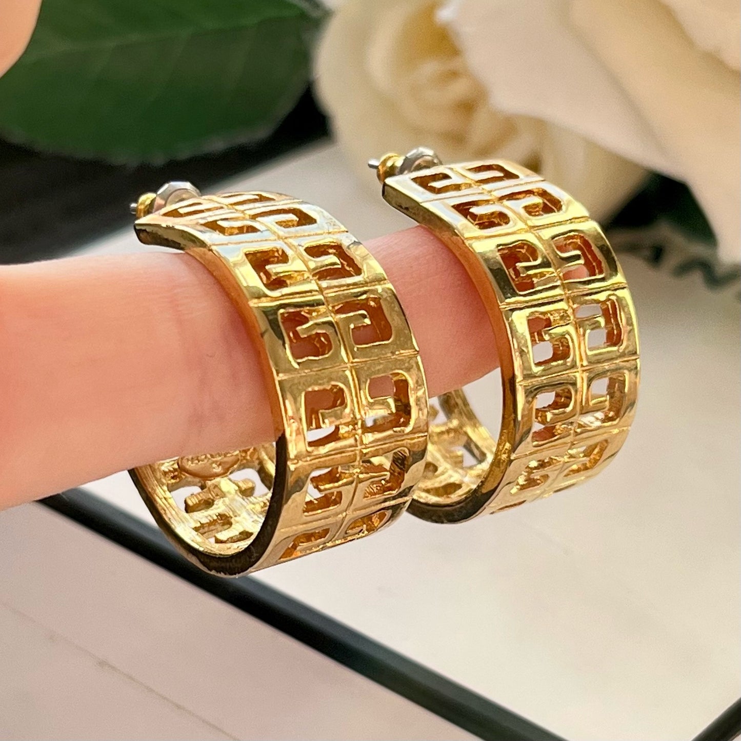 1980s Givenchy Monogram Logo Chunky Hoop Gold Plated Earrings