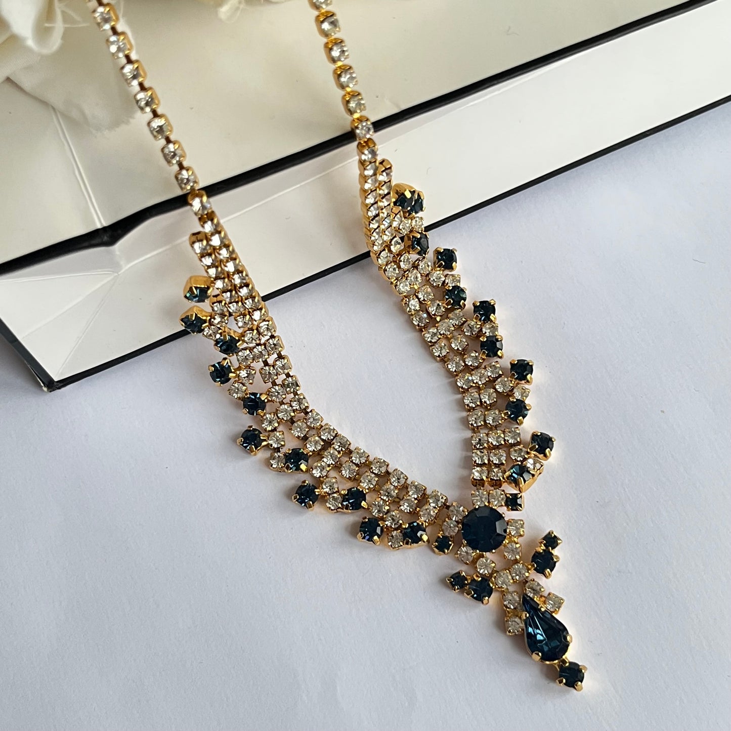 1950s Navy Blue And Silver Diamanté Gold Plated Statement Necklace