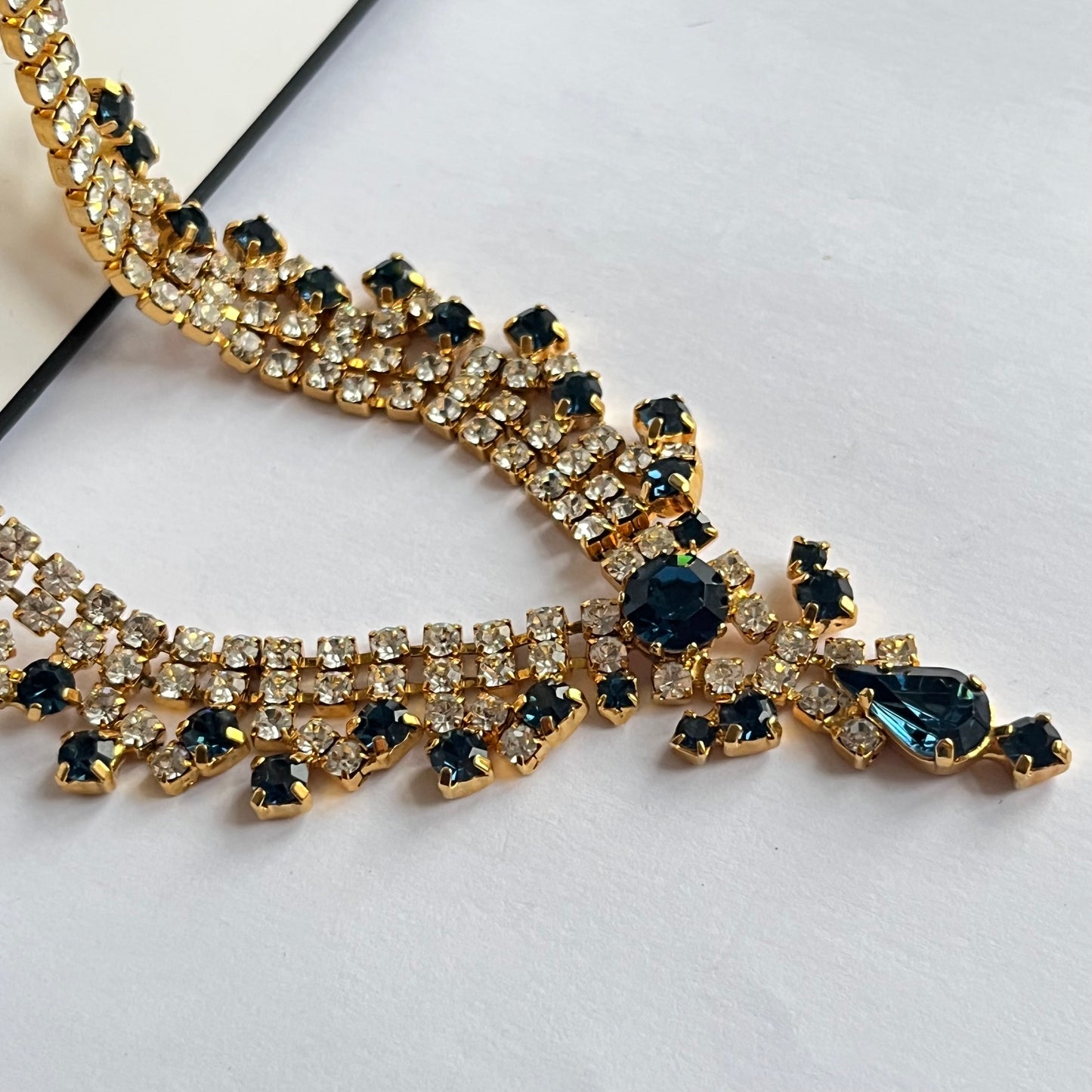 1950s Navy Blue And Silver Diamanté Gold Plated Statement Necklace