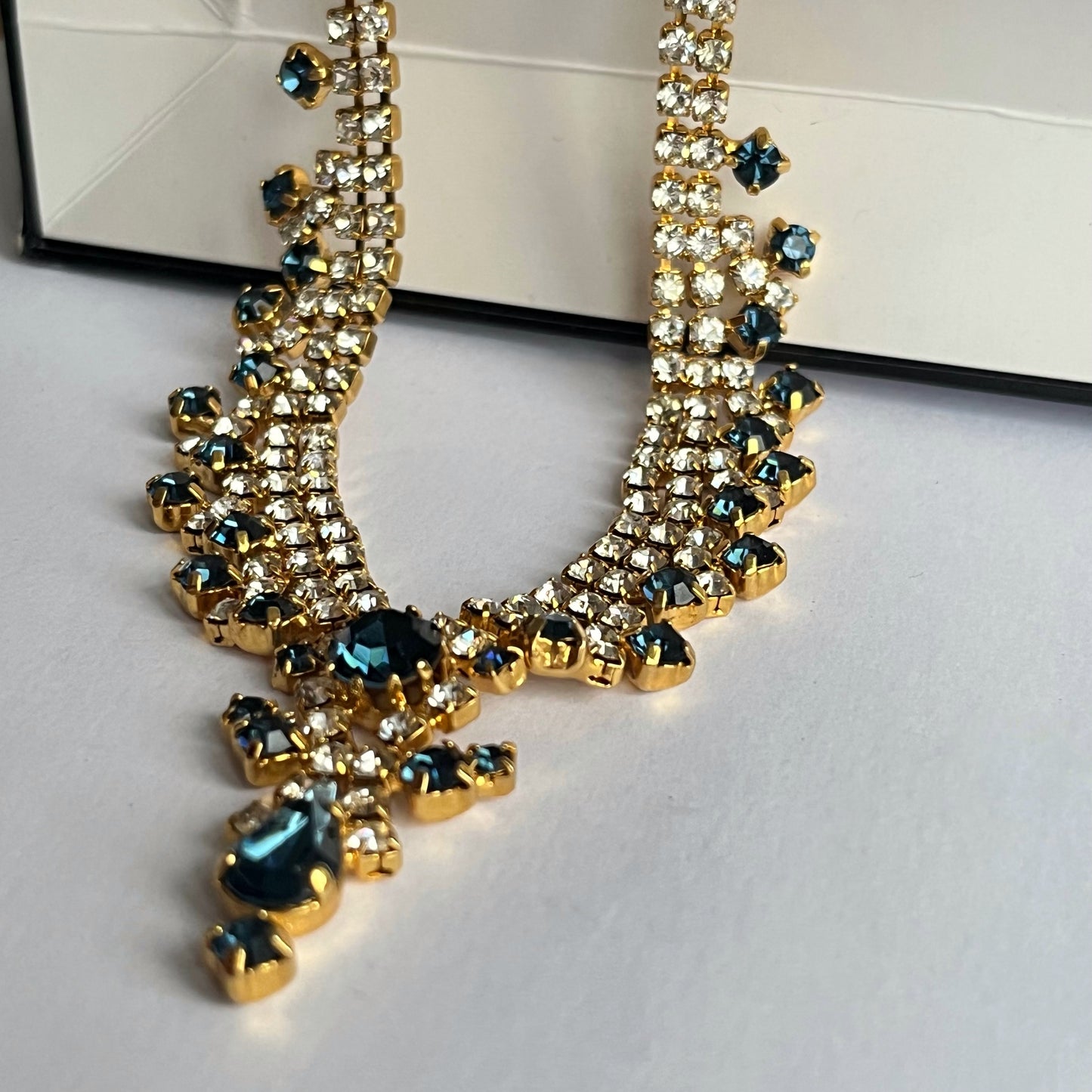 1950s Navy Blue And Silver Diamanté Gold Plated Statement Necklace