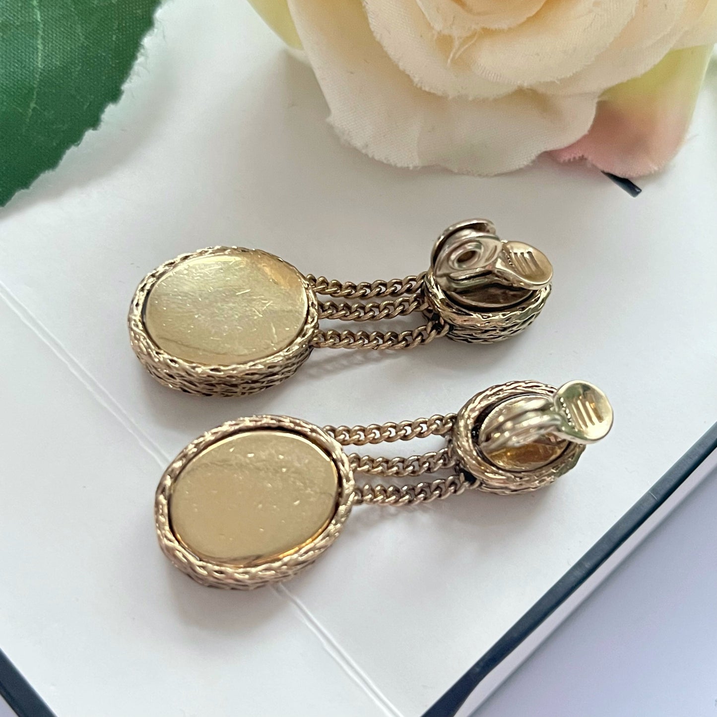 1960s Monet Golden Amber Enamel Gold Plated Dangly Chain Clip On Earrings