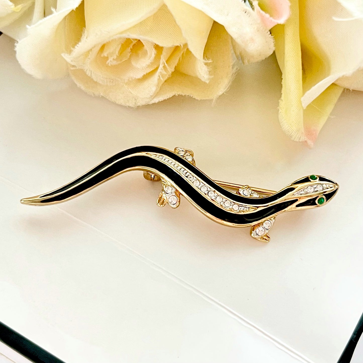 1980s Attwood & Sawyer Black Enamel Gold Plated Diamanté Lizard Brooch