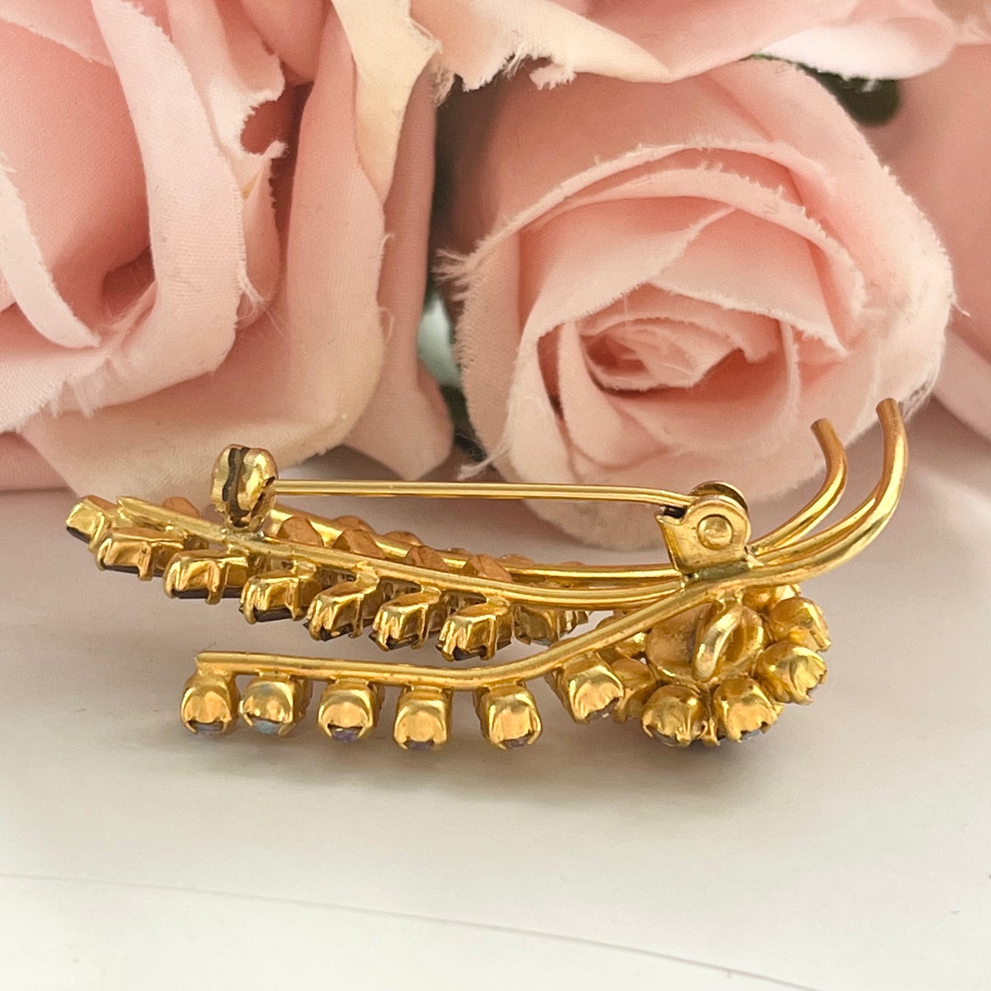 1940s Aurora Borealis Purple Diamanté Gold Plated Floral Spray Brooch
