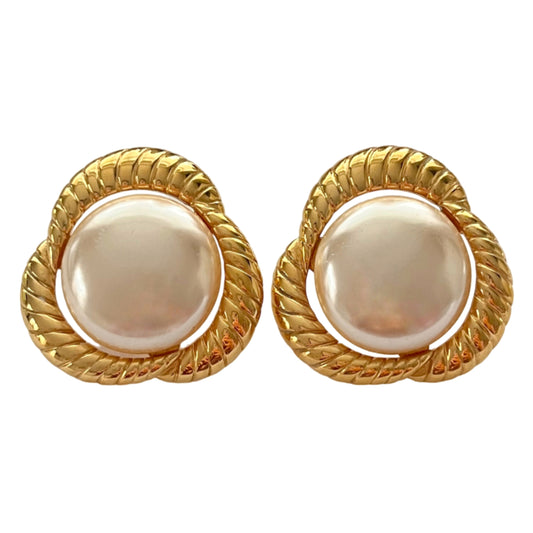 1980s Napier Faux Pearl Gold Plated Pierced Statement Earrings