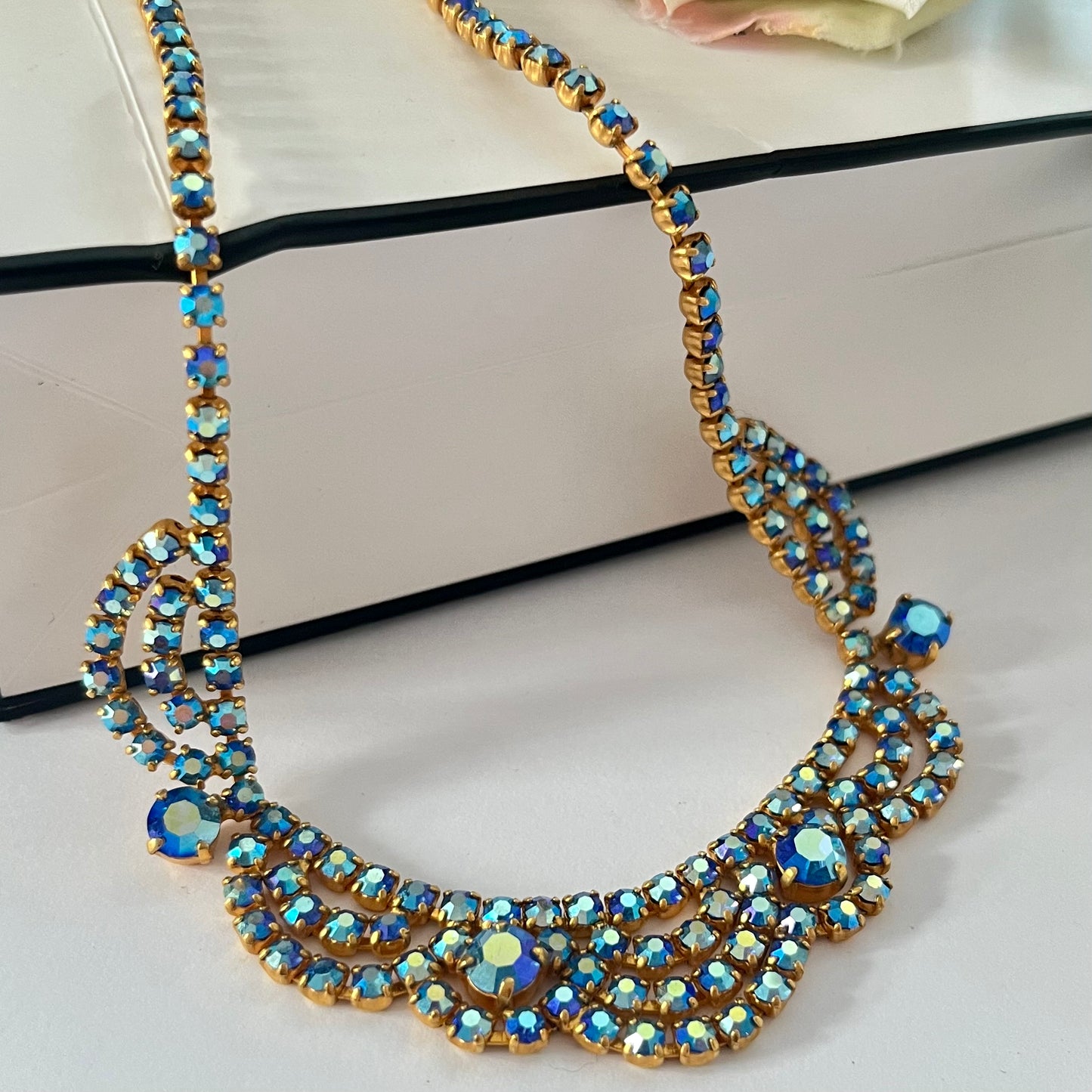 1950s Mermaid Blue Aurora Borealis Gold Plated Necklace