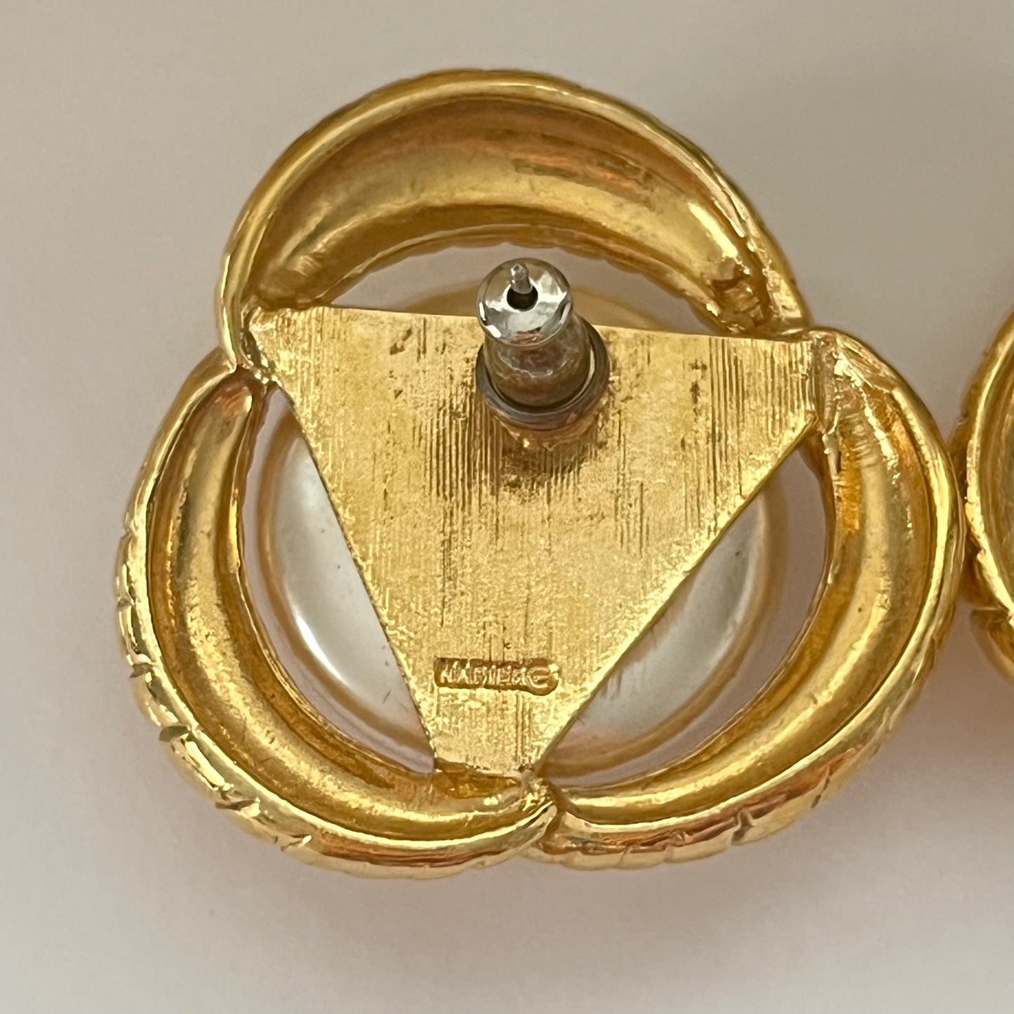 1980s Napier Faux Pearl Gold Plated Pierced Statement Earrings