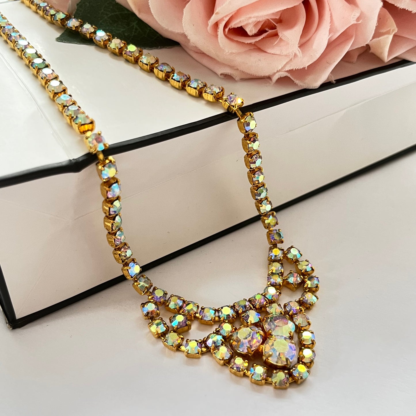 1950s Aurora Borealis Gold Plated Statement Necklace