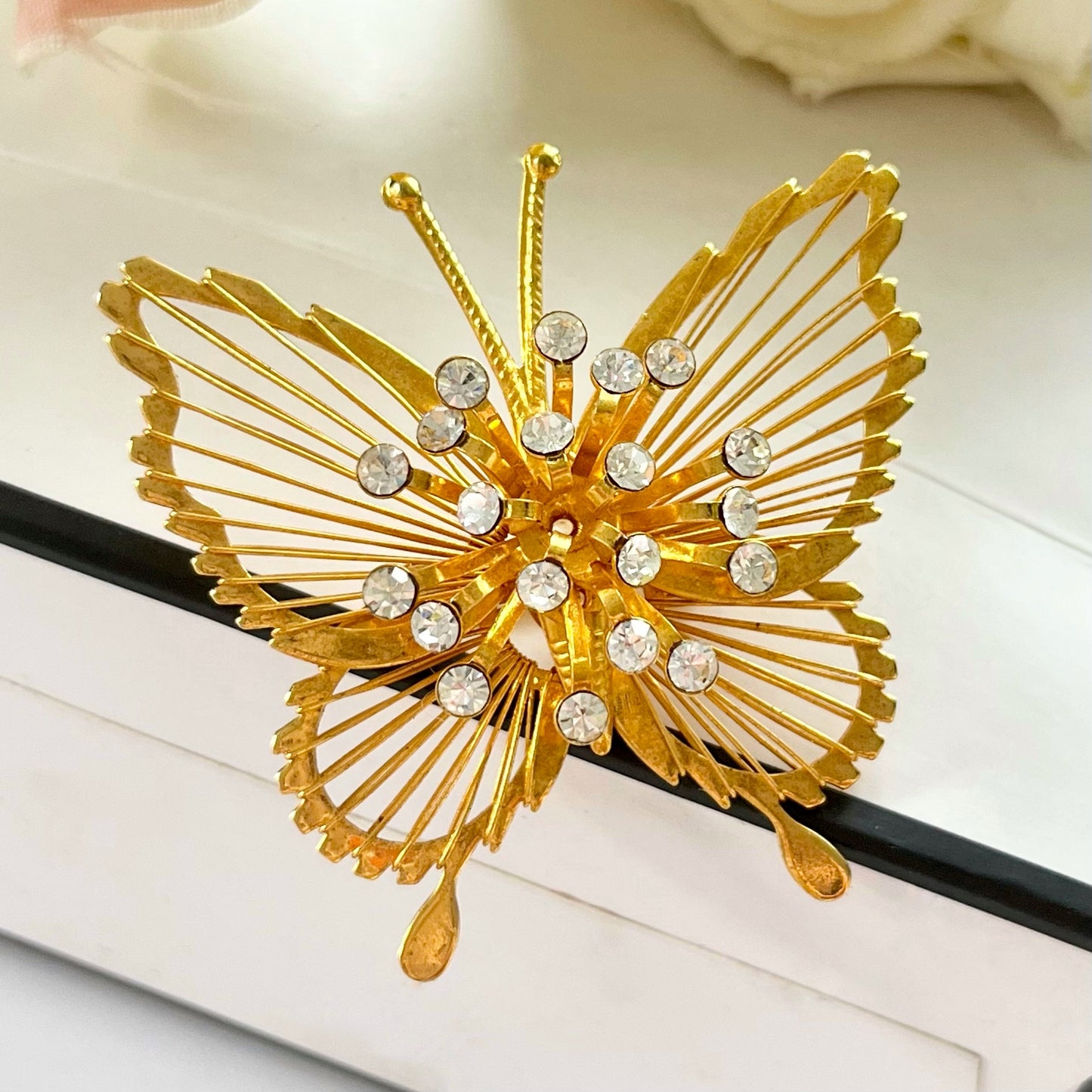 1980s Monet Gold Plated Sparkly Diamanté Butterfly Brooch