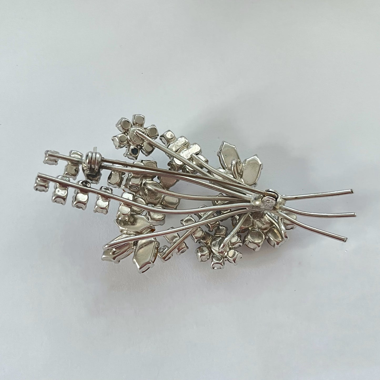 1940s Silver Tone Sparkly Diamanté Floral Spray Brooch
