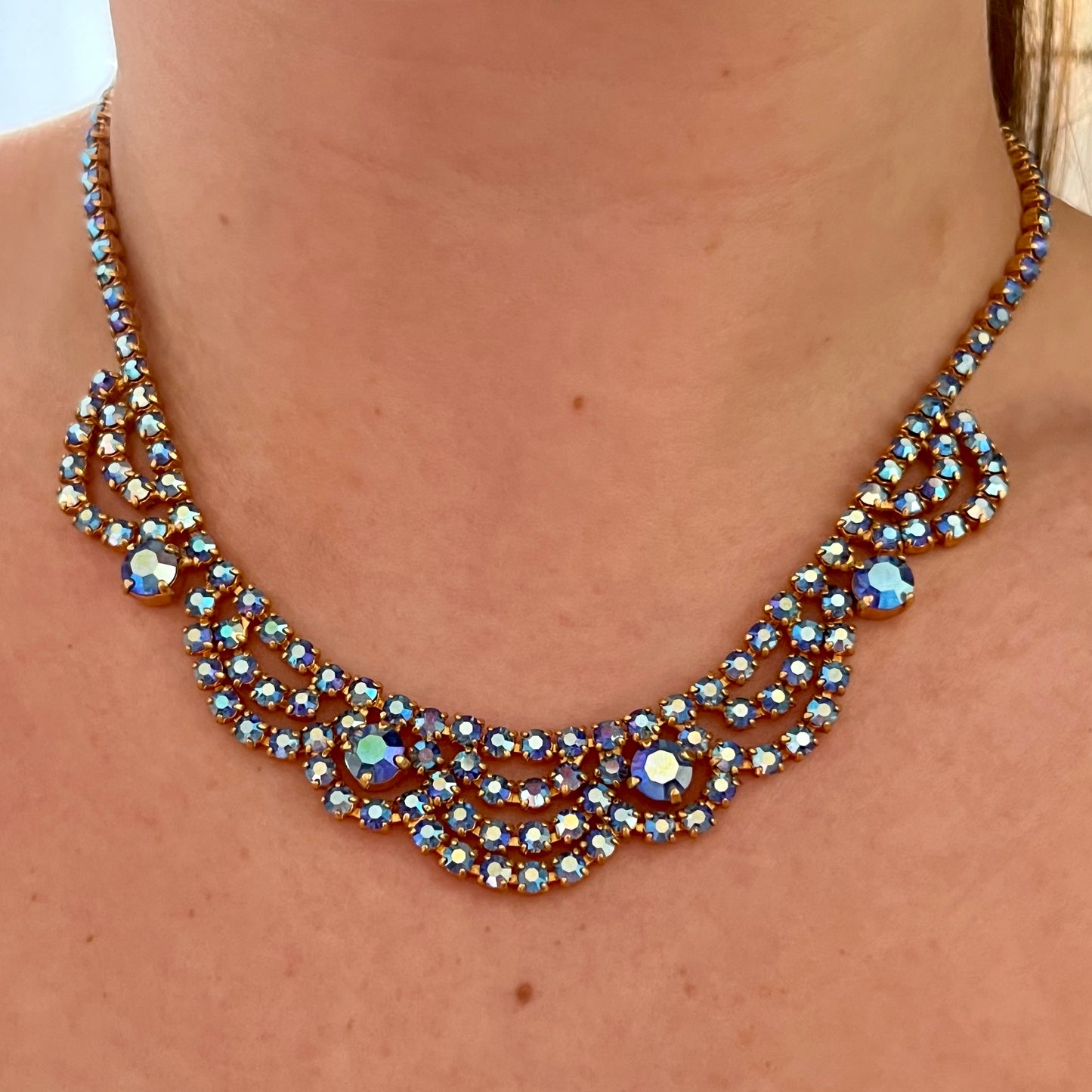 1950s Mermaid Blue Aurora Borealis Gold Plated Necklace