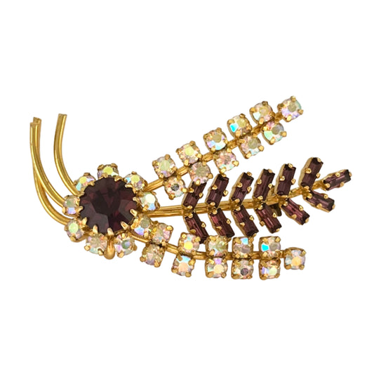 1940s Aurora Borealis Purple Diamanté Gold Plated Floral Spray Brooch