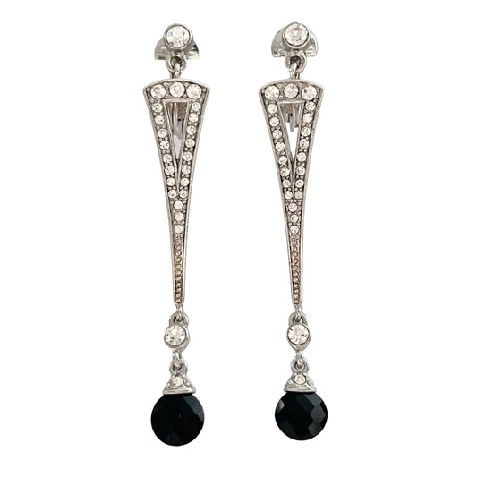 1980s Monet Silver Tone Black Diamanté Art Deco Style Dangly Earrings