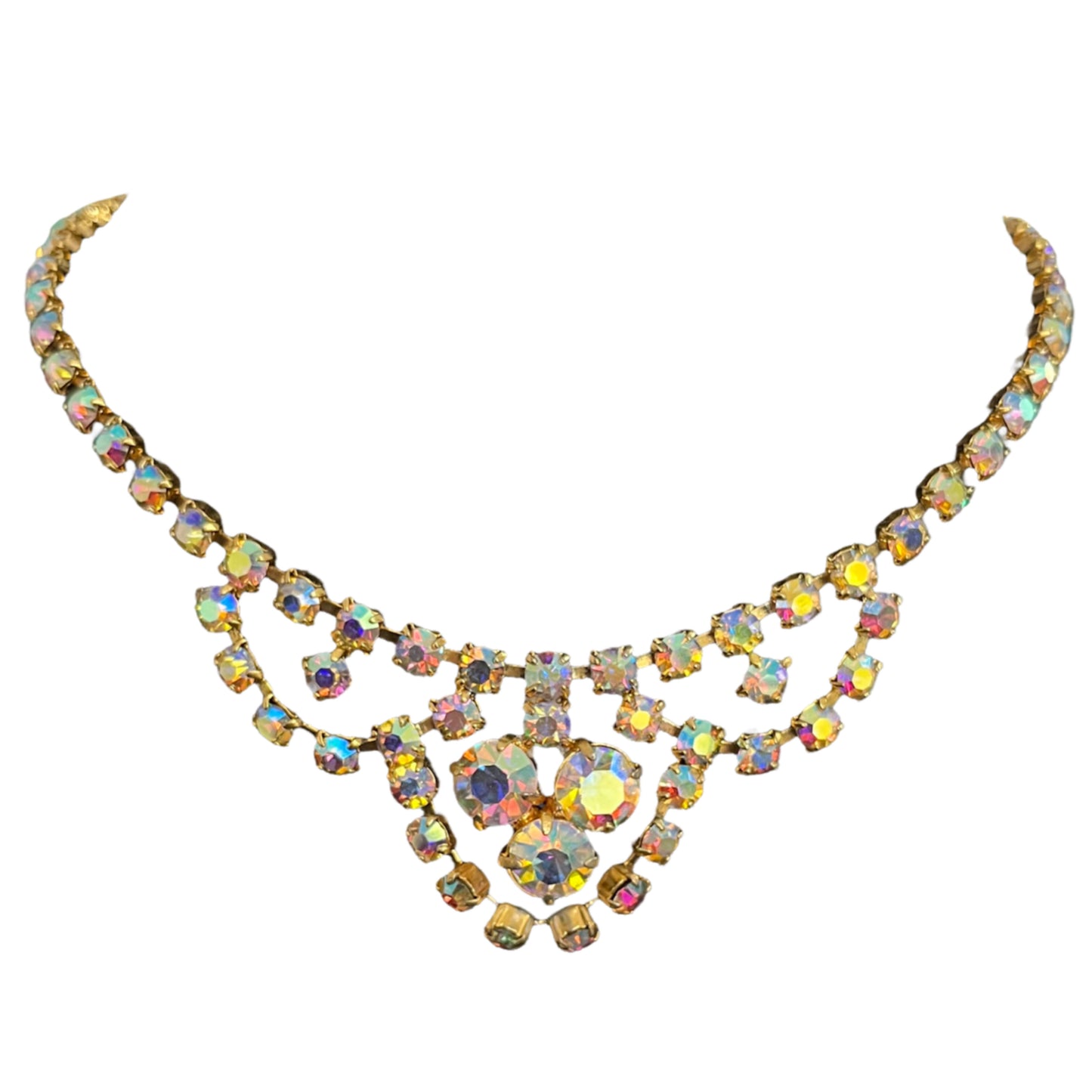 1950s Aurora Borealis Gold Plated Statement Necklace