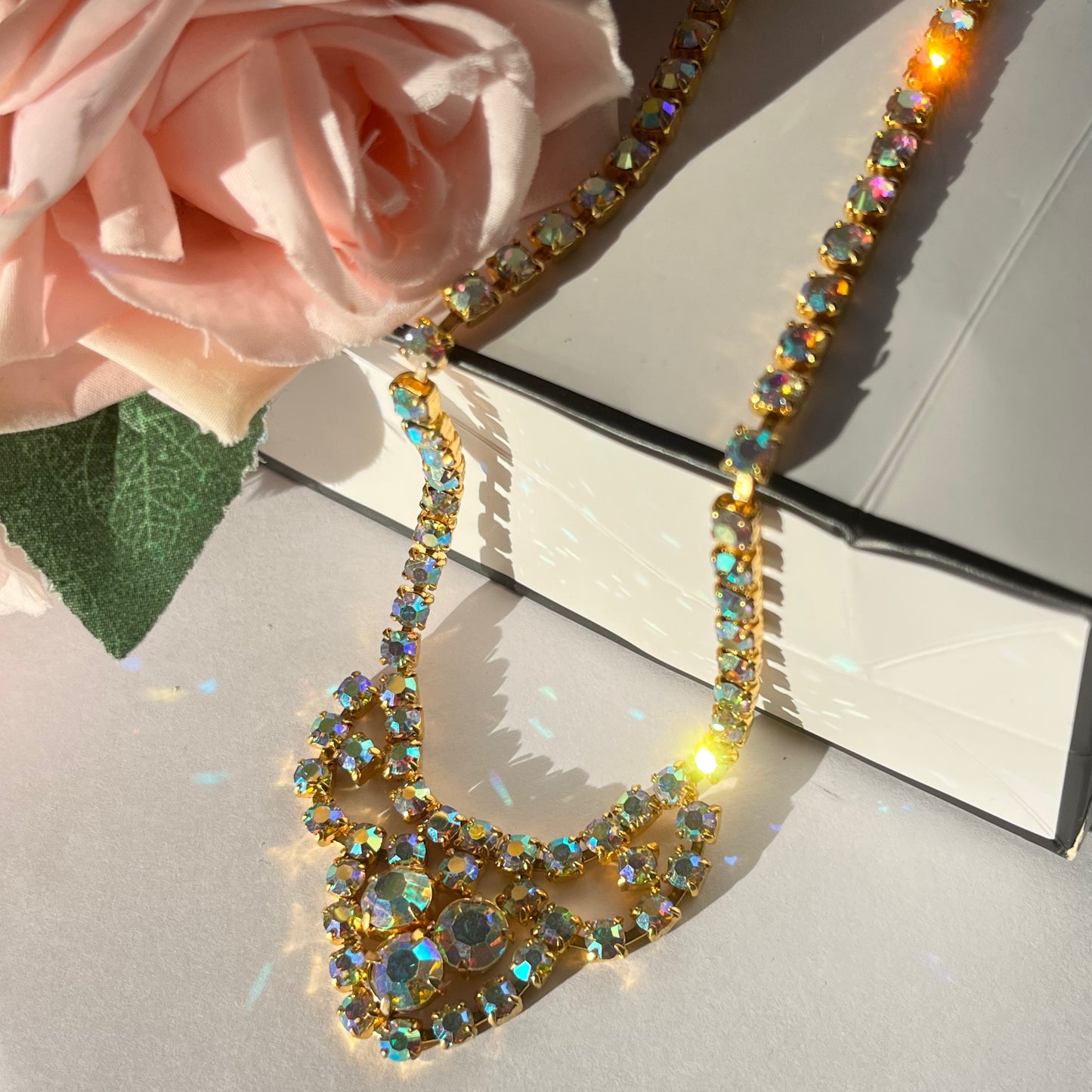 1950s Aurora Borealis Gold Plated Statement Necklace