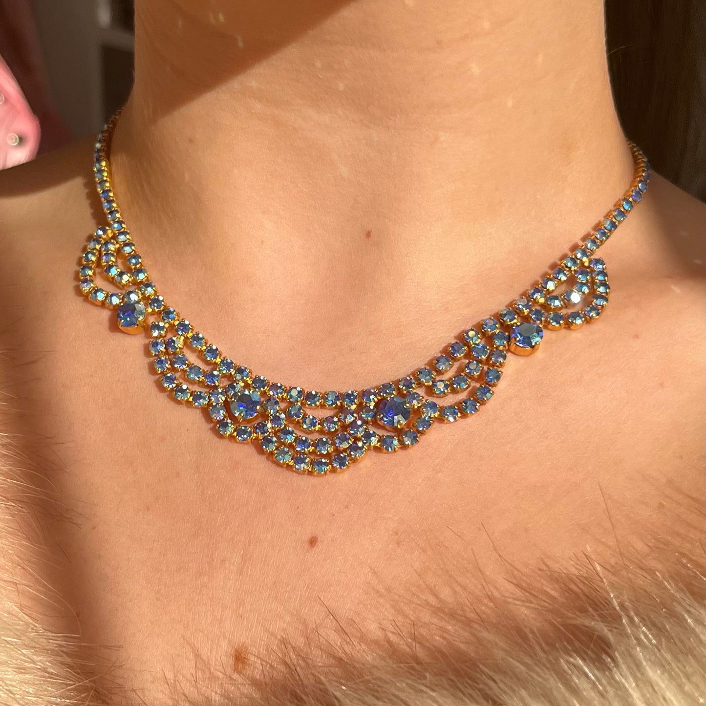 1950s Mermaid Blue Aurora Borealis Gold Plated Necklace