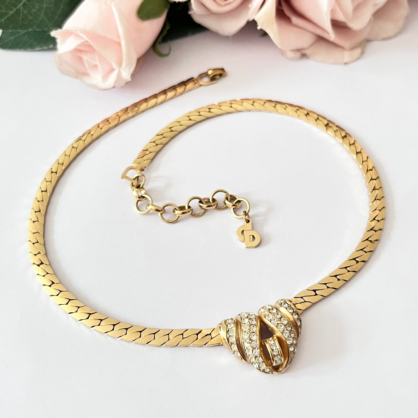 1970s Christian Dior Diamanté Pendant Gold Plated Chain Collar Necklace