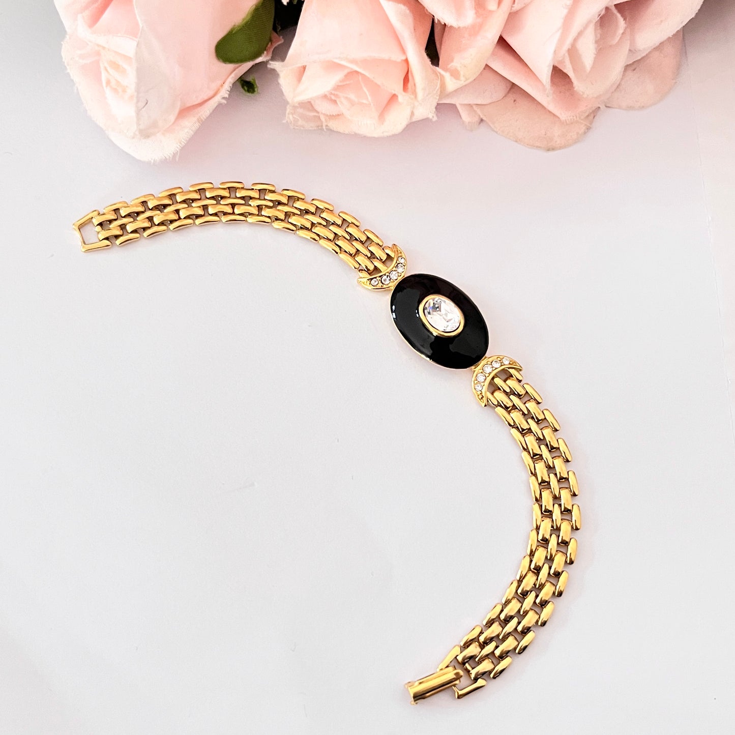 1980s Trifari Black Enamel Diamanté Chain Gold Plated Bracelet