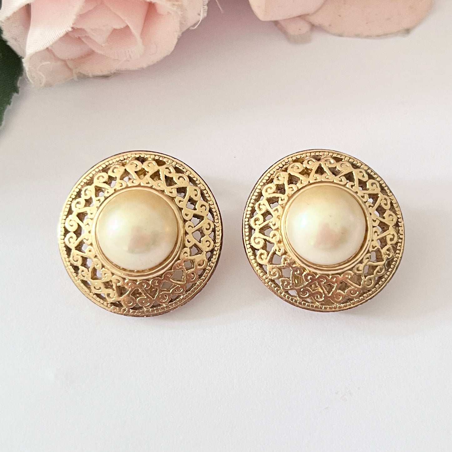 1970s Christian Dior Germany Gold Plated Faux Pearl Circle Clip On Earrings