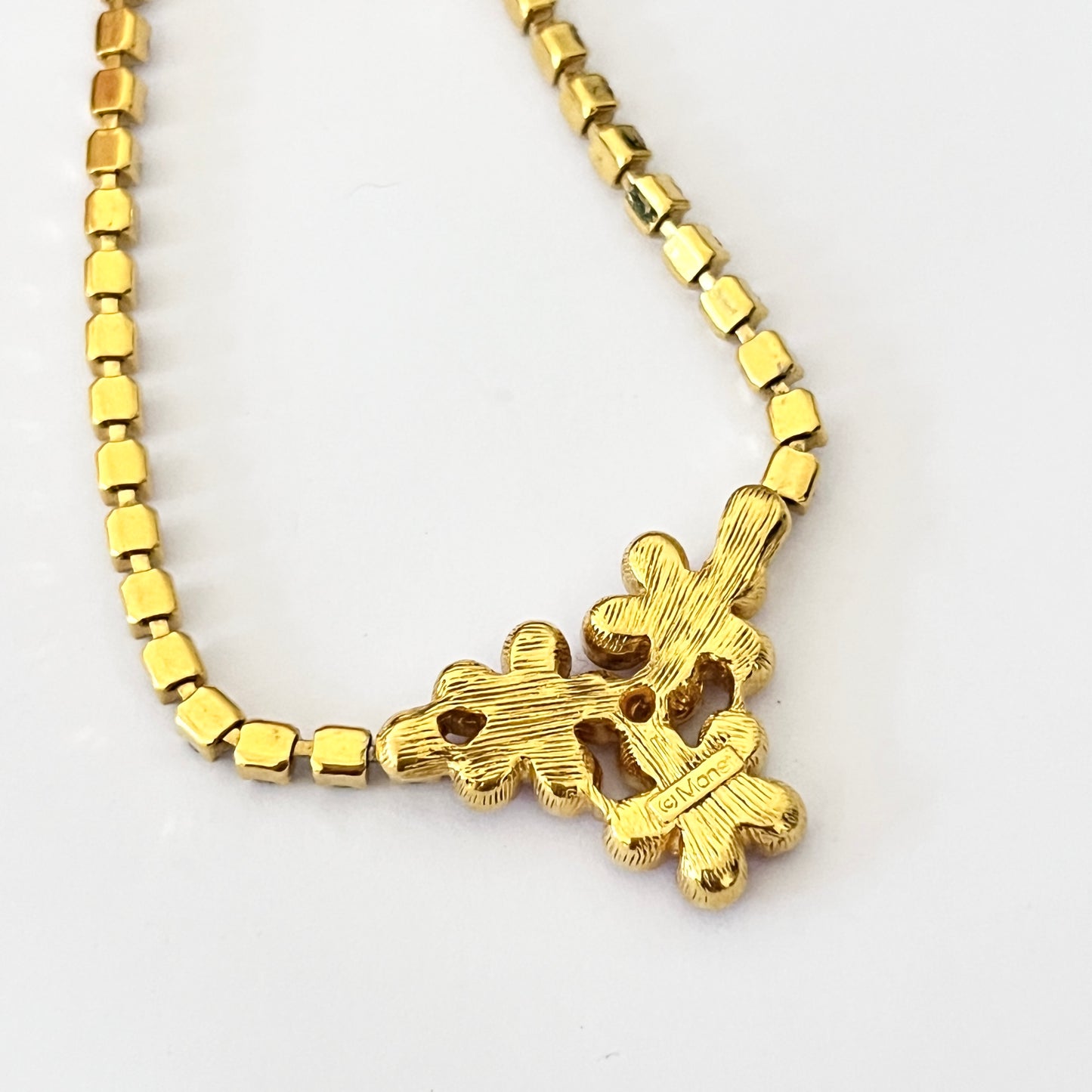 1980s Monet Pink Diamanté Gold Plated Flower Necklace