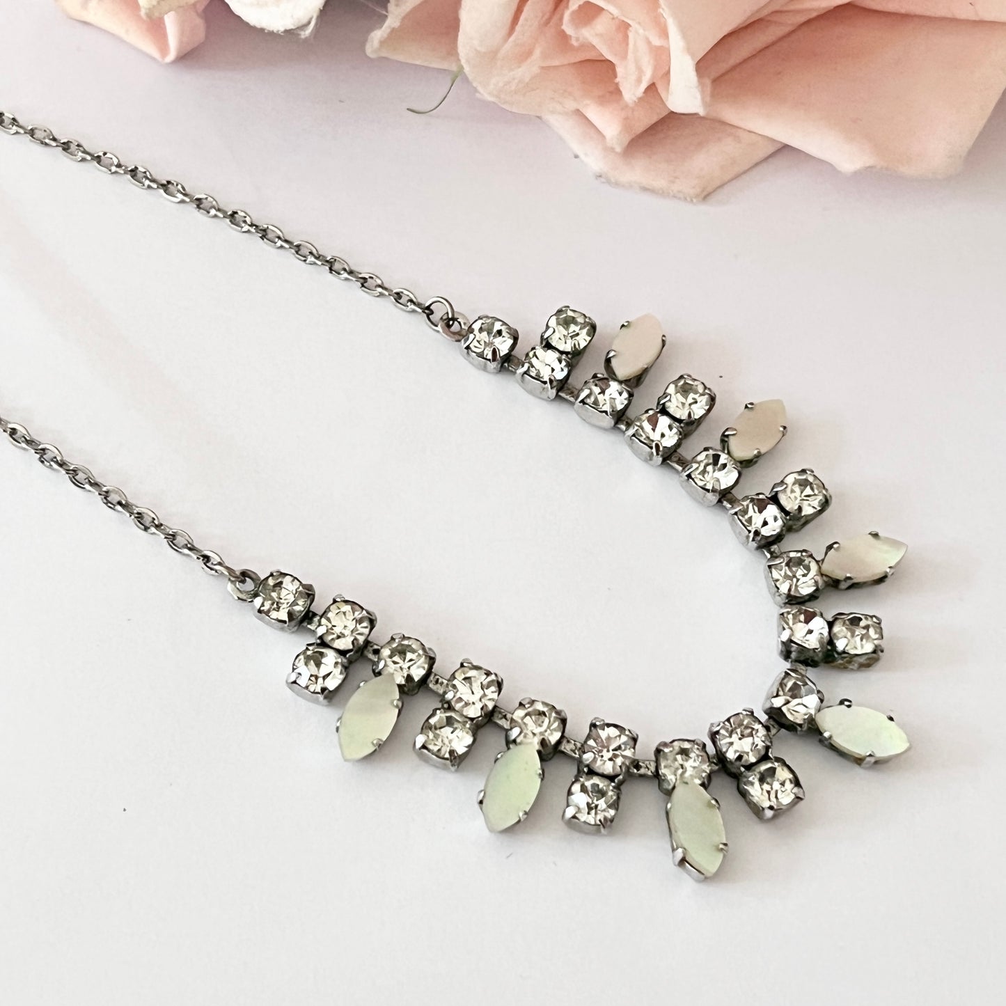 1950s Mother Of Pearl Diamanté Statement Collar Necklace