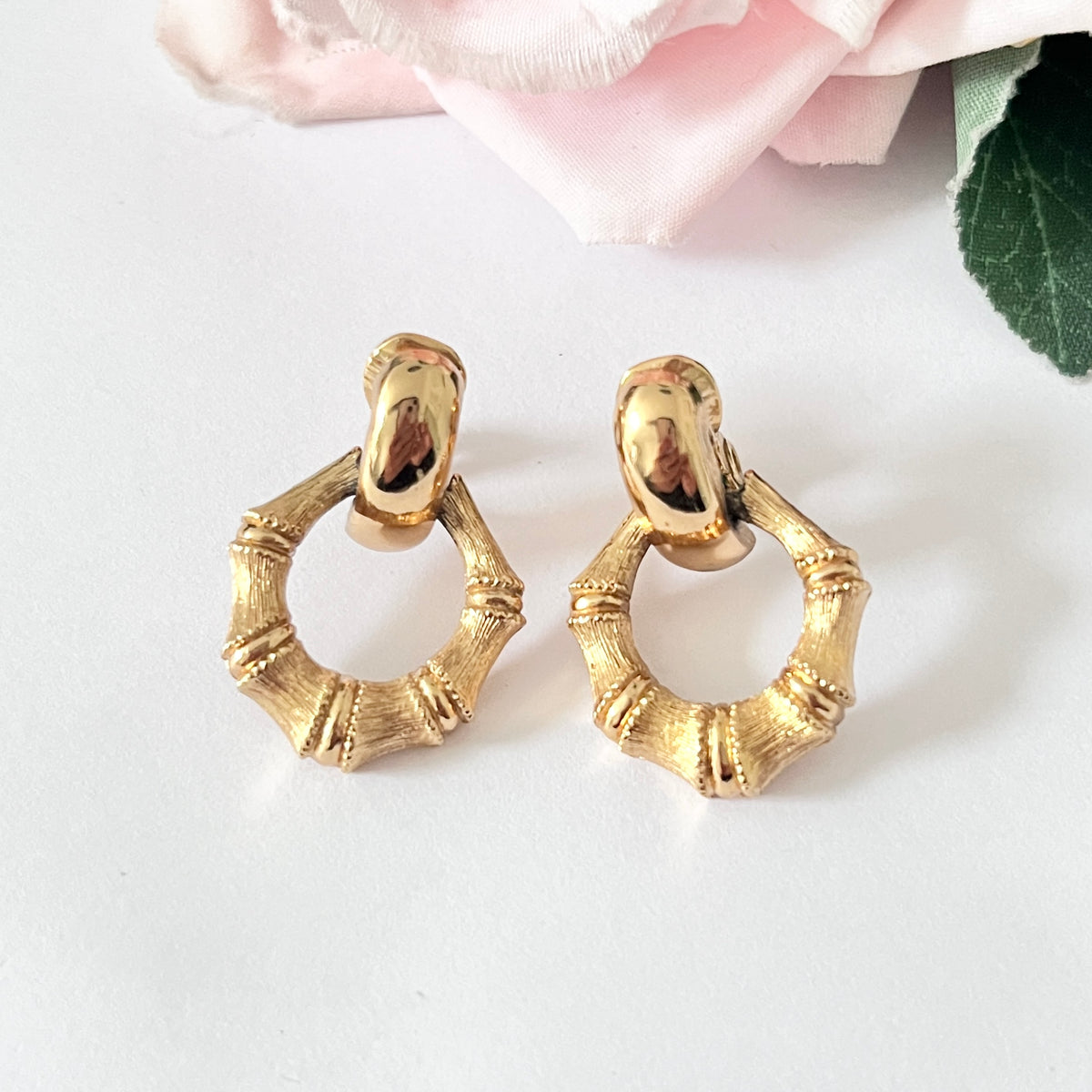1980s Monet Gold Plated Bamboo Door Knocker Hoop Clip On Earrings