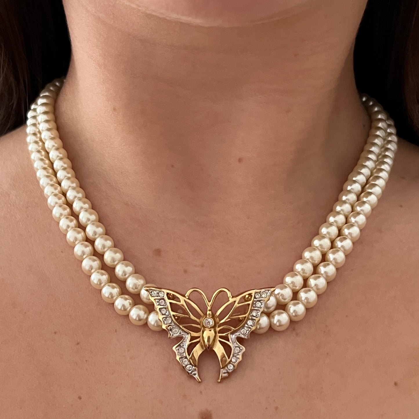 1980s Butterfly Pendant Faux Pearl Multistrand Collar Necklace