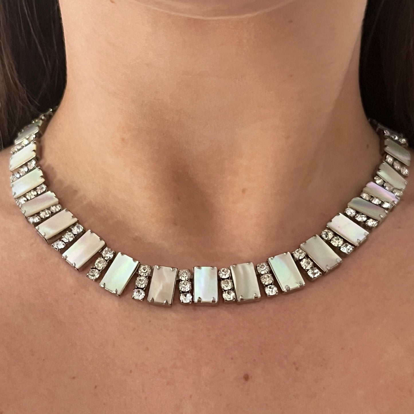 1950s Mother Of Pearl Diamanté Statement Collar Necklace