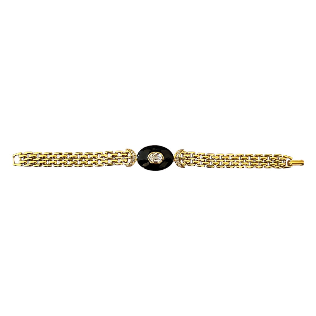 1980s Trifari Black Enamel Diamanté Chain Gold Plated Bracelet