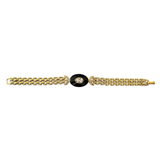 1980s Trifari Black Enamel Diamanté Chain Gold Plated Bracelet