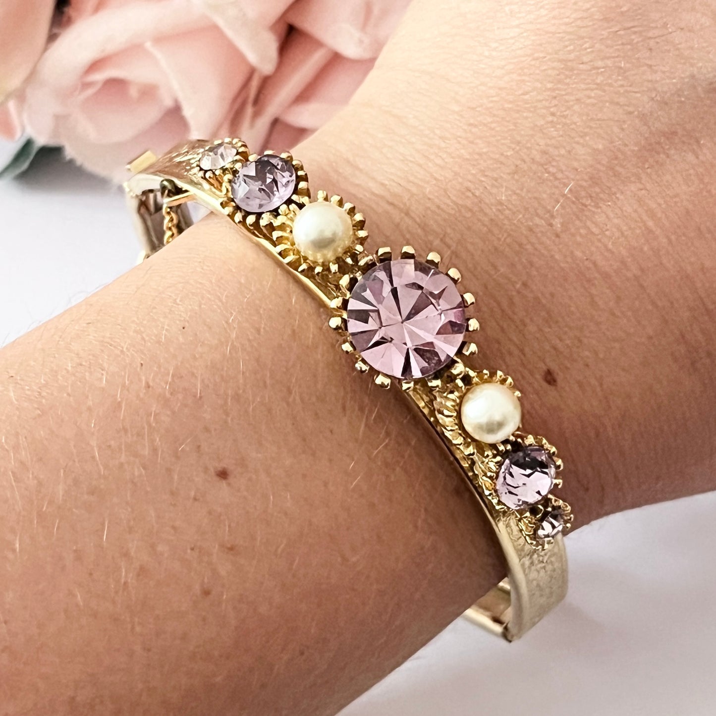 1960s Faux Amethyst & Pearl Gold Plated Victorian Style Bangle