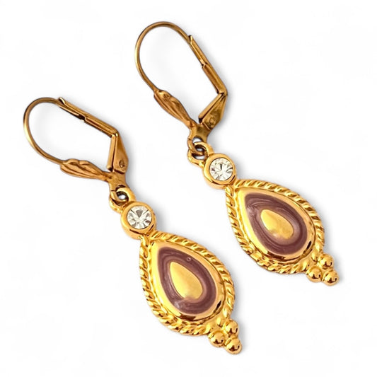 1980s Pink Marble Enamel Diamanté Gold Plated Hook Earrings