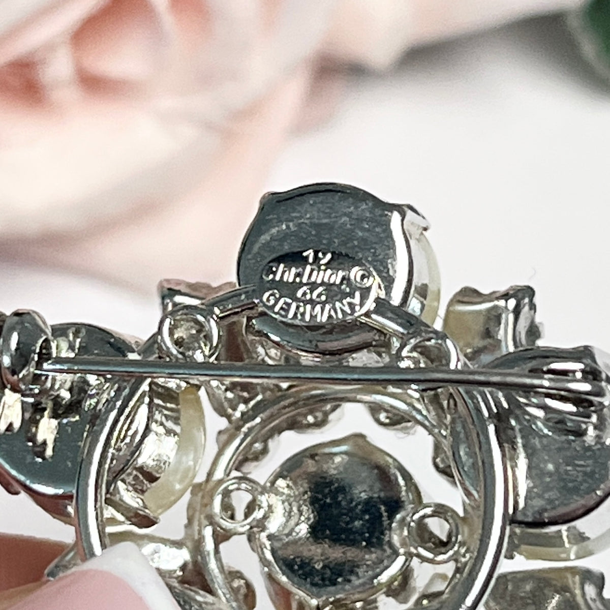 1966 Christian Dior Faux Pearl Diamanté Flower Brooch