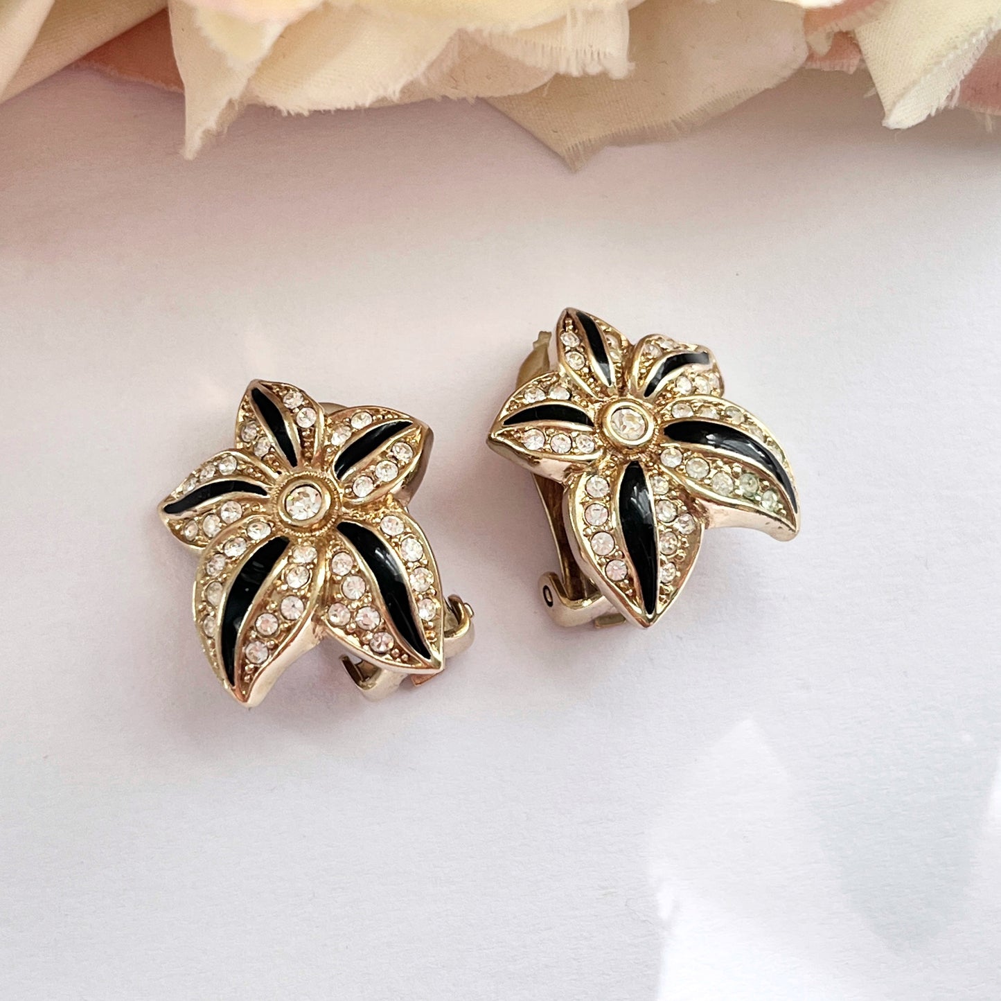 1980s Christian Dior Germany Gold Plated Black Enamel Diamanté Clip On Earrings