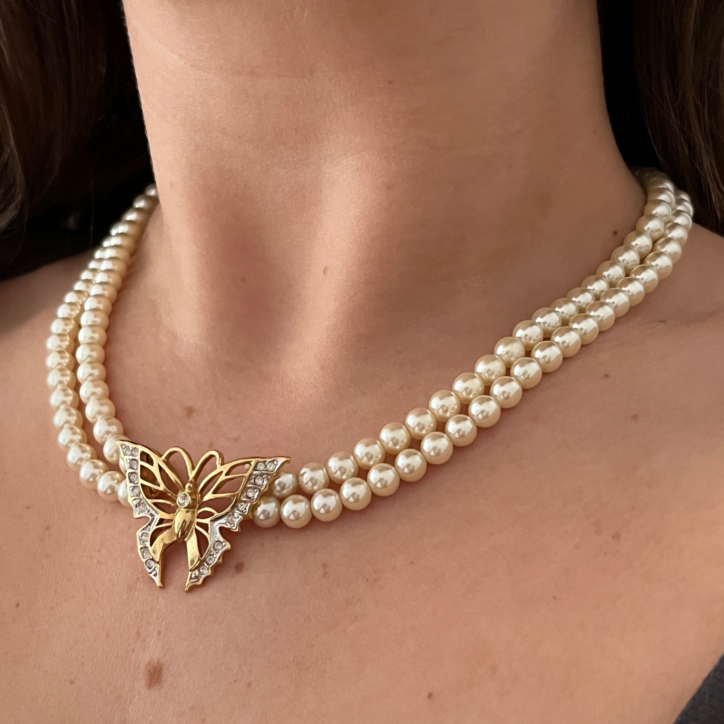 1980s Butterfly Pendant Faux Pearl Multistrand Collar Necklace