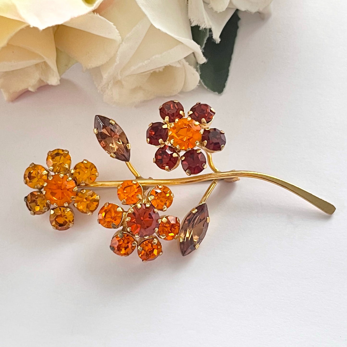 1950s Autumnal Orange & Bronze Diamanté Gold Plated Flower Brooch