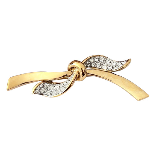 1980s Attwood & Sawyer Gold Plated Diamanté Ribbon Brooch