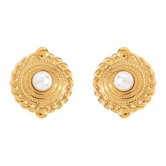 14k Gold Plated Faux Pearl Circle Statement Pierced Earrings