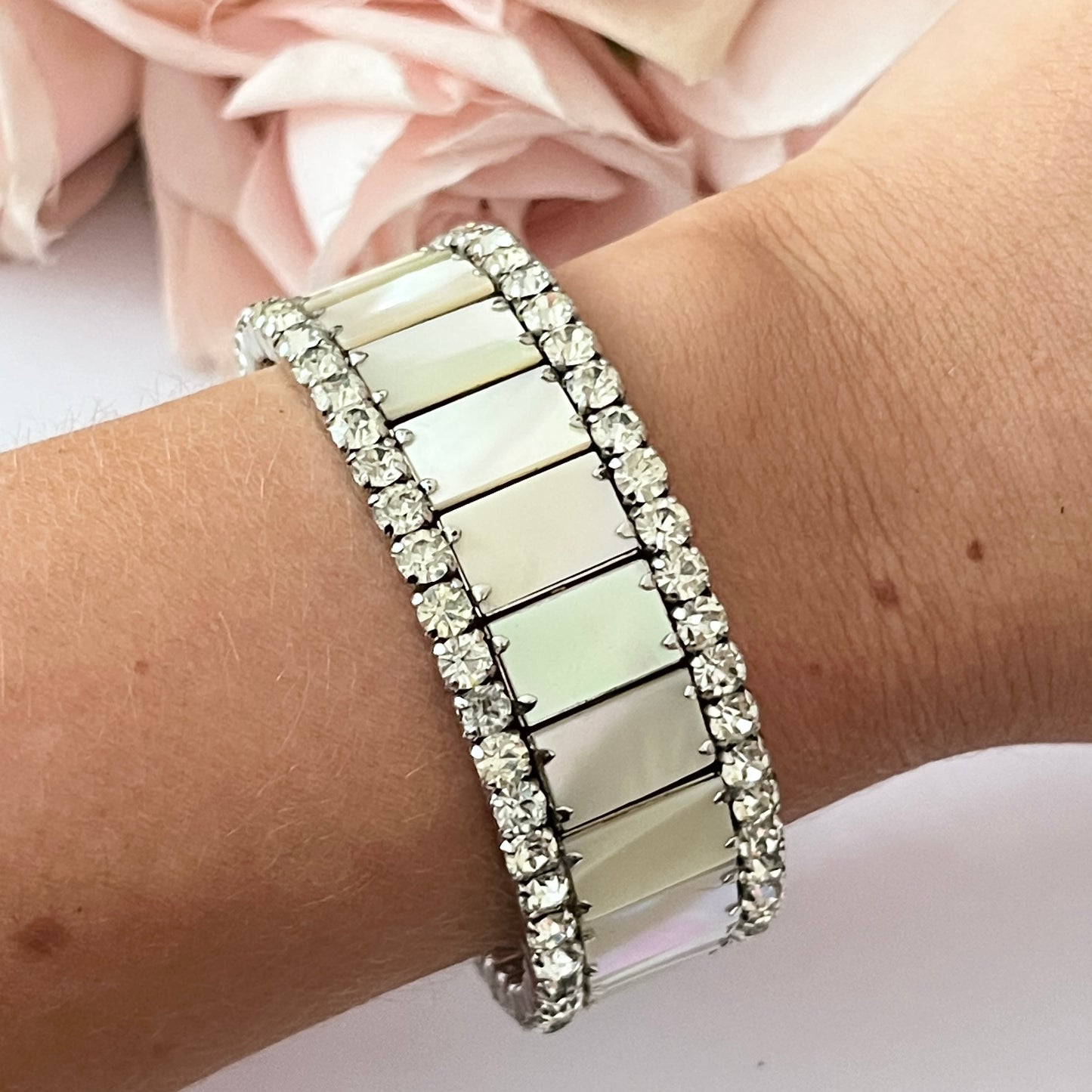 1940s Mother of Pearl and Diamanté Cuff Bracelet