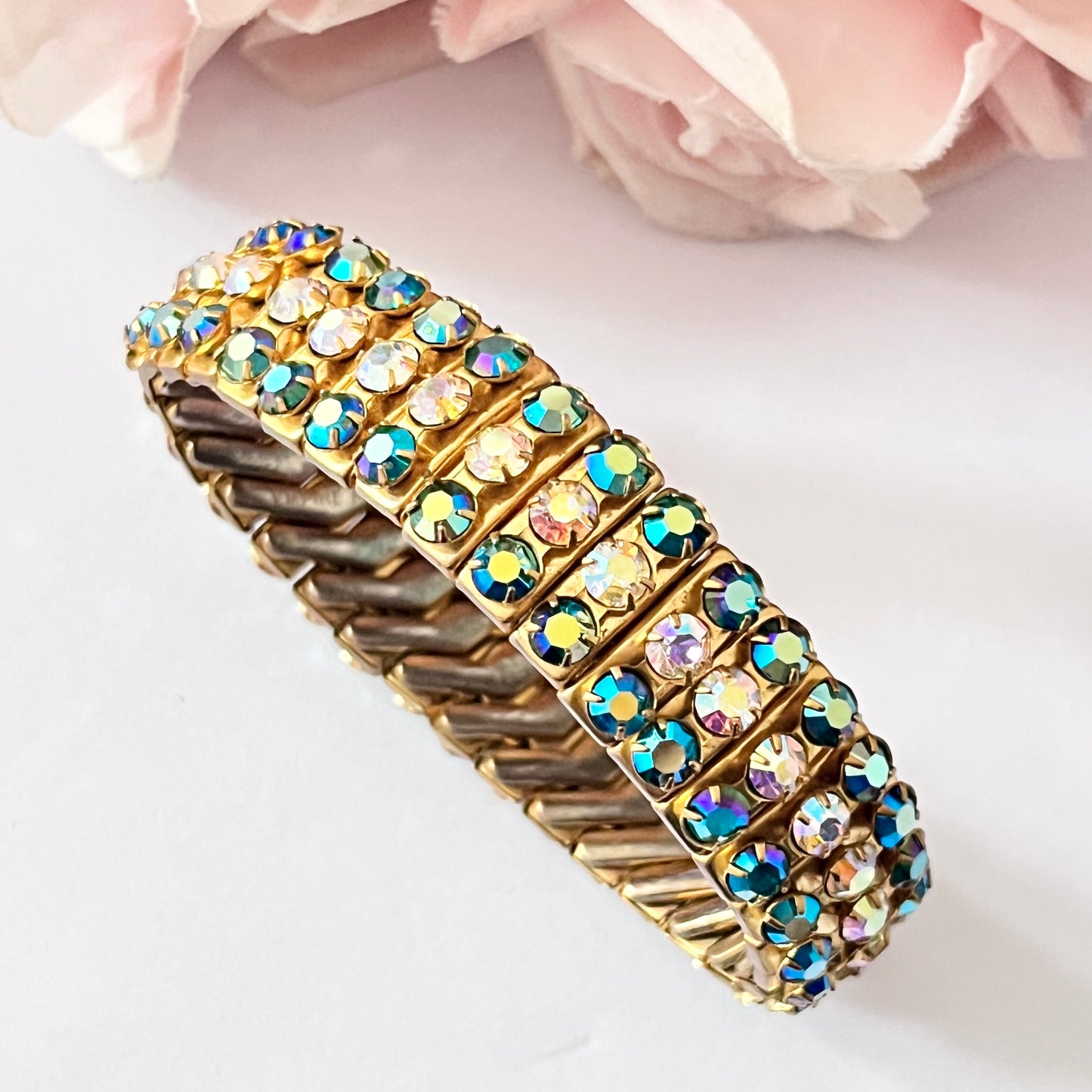 1950s Blue Aurora Borealis Gold Plated Expandable Empire Made Cuff Bracelet