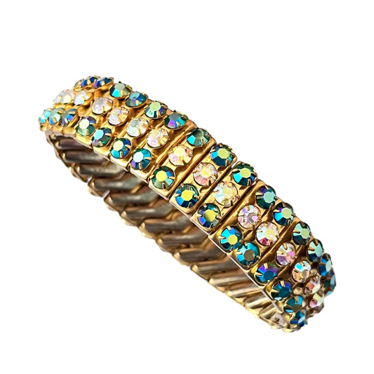 1950s Blue Aurora Borealis Gold Plated Expandable Empire Made Cuff Bracelet