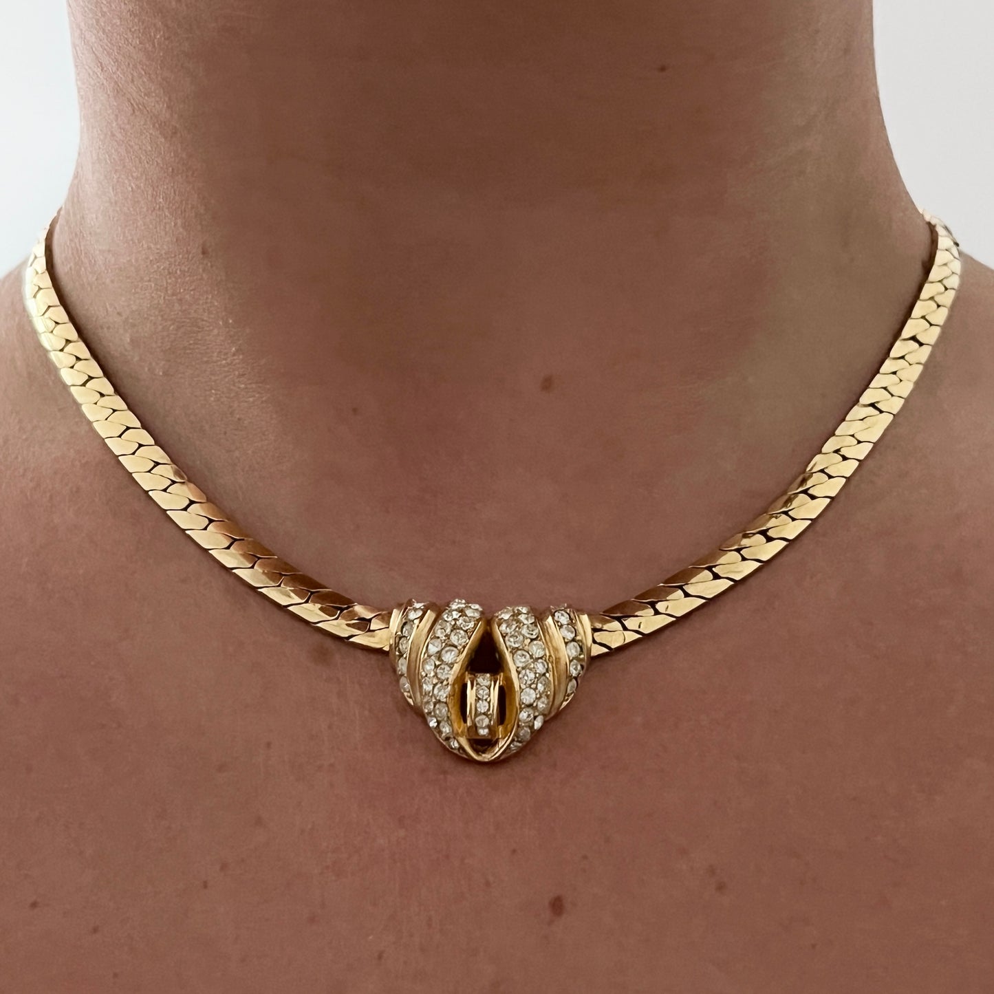 1970s Christian Dior Diamanté Pendant Gold Plated Chain Collar Necklace
