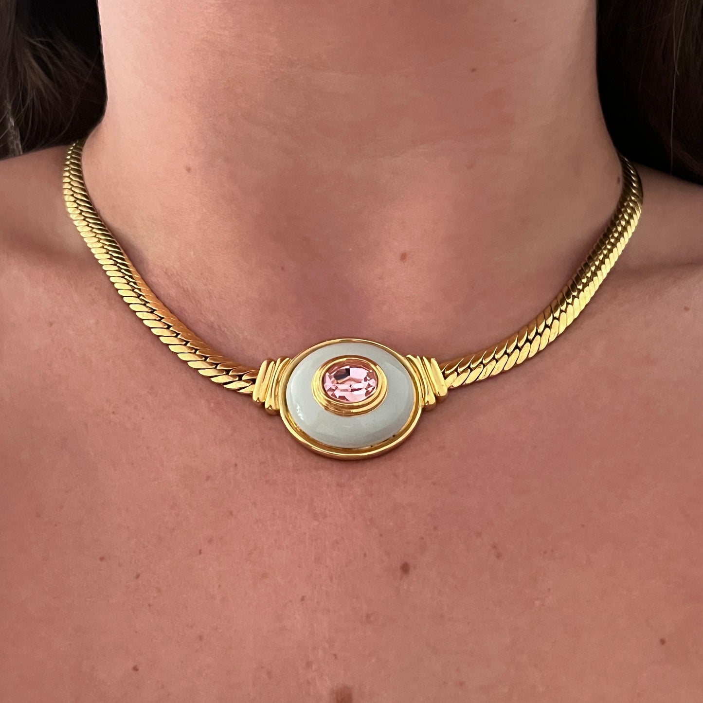 1970s Blue Enamel Pink Diamanté Gold Plated Collar Necklace